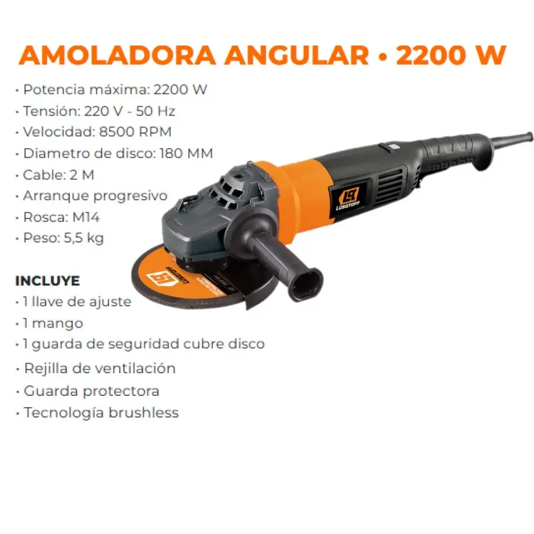 Amoladora 180mm 7" 2200W arranque progresivo uso pesado BRUSHLESS AML2200B-8 LUSQTOFF
