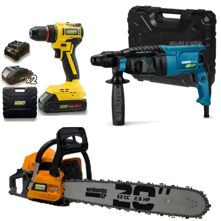 Combo GP Taladro 50nm 18V 2 bat BRUSHLESS GPT45-7BK + Rotomartillo SDS Plus 800W 3.0J RMGP800-7 + Motosierra 52,0cc 510mm 2.8HP GARDEN PLUS By LUSQTOFF