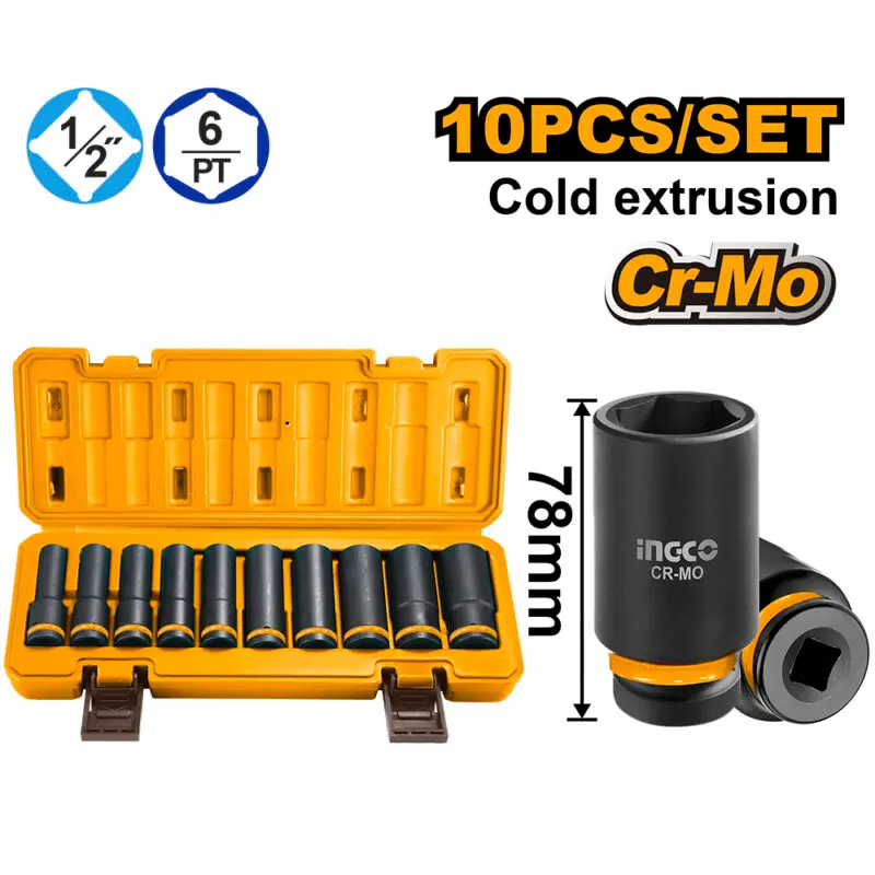 Set 10 bocallaves largos 1/2" alto impacto Cr-Mo INDUSTRIAL HKISSD12102L INGCO