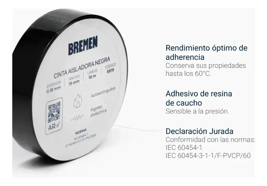 Cinta adhesiva aisladora autoextinguible 0,18mmx19mm 18mts 8818 BREMEN