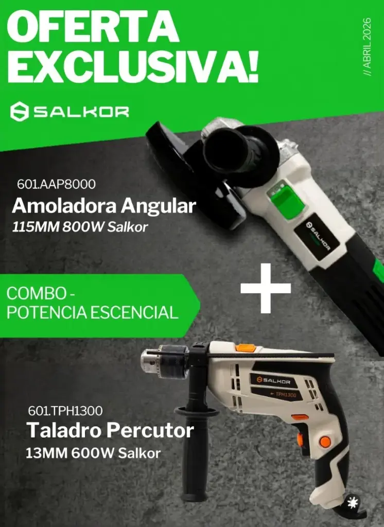 Combo Taladro percutor 13mm 600W TPH1300 + Amoladora angular D115 (4.1/2") 800W 220V AAP8000 SALKOR