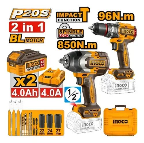 Combo 20V Llave de impacto 1/2 850nm + Taladro-ator percutor 96NM 2000 rpm + 2 bat 4.0A INDUSTRIAL BRUSHLESS COSLI250586-4 INGCO