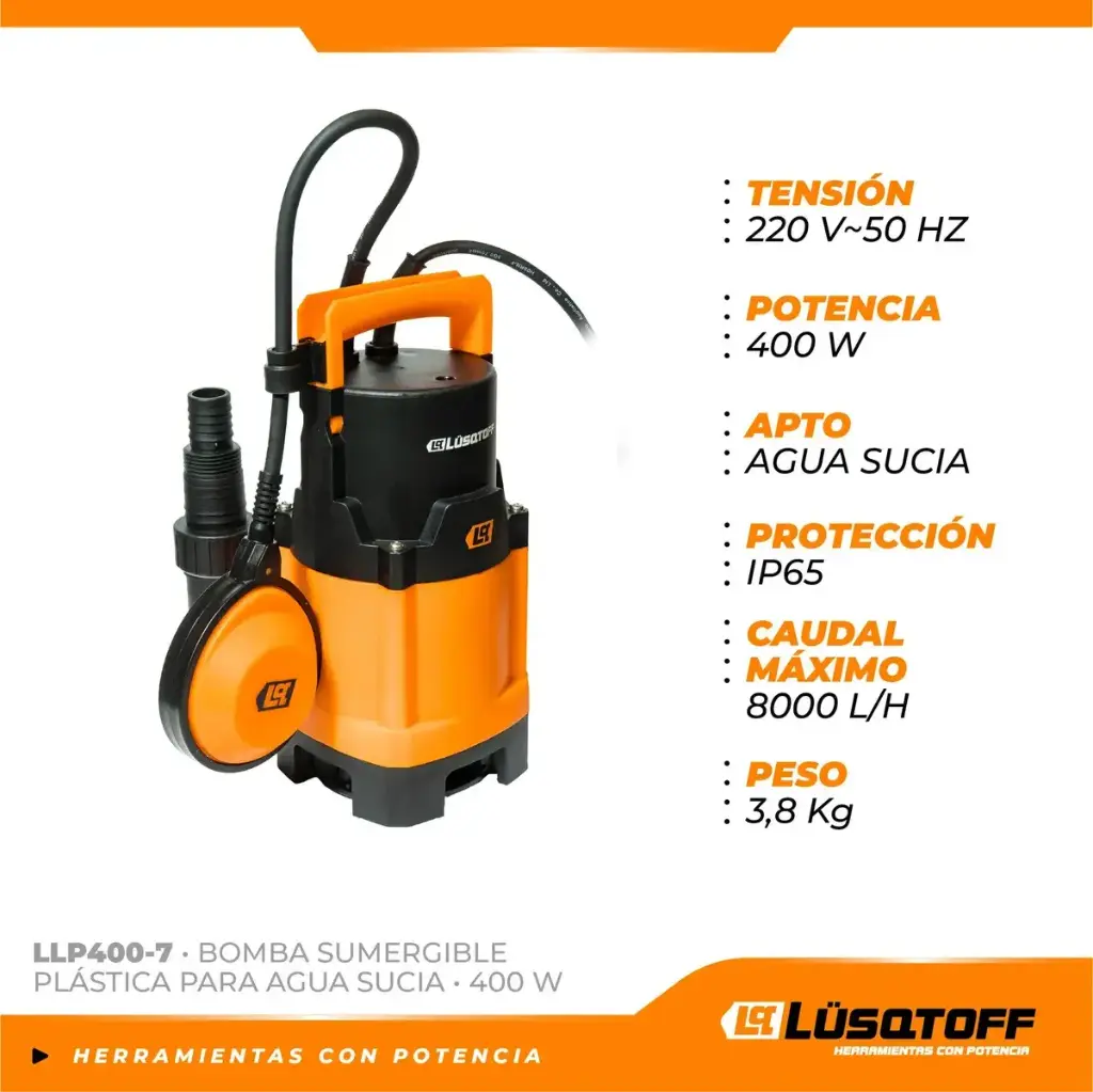 Bomba sumergible 400W agua sucia 8000lts/h 5mts LLP400-7 LUSQTOFF