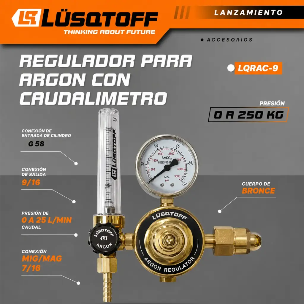 Regulador Argón con caudalímetro 0-250kG LQRAC-9 LUSQTOFF