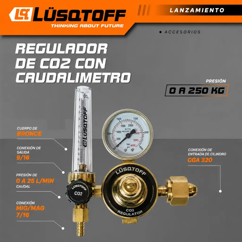 Regulador CO2 con caudalímetro 0-250kG LQRCC-9 LUSQTOFF