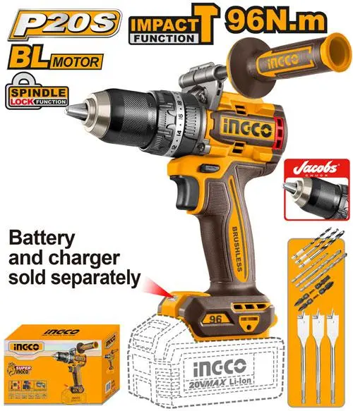 Taladro-ator Percutor inalambrico 20V 96NM 2000 rpm c-mango INDUSTRIAL BRUSHLESS SOLO CIDLI209685 INGCO