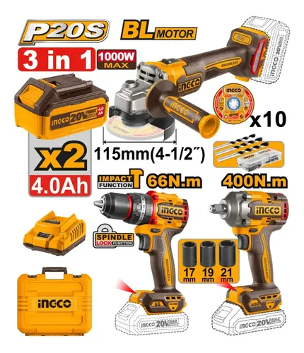 Taladro-ator percutor 20V 66nm + Llave de impacto 1/2" 400nm + Amoladora 115mm 4.1/2" + 2 baterías 4.0A cargador COSLI241291-4 INGCO