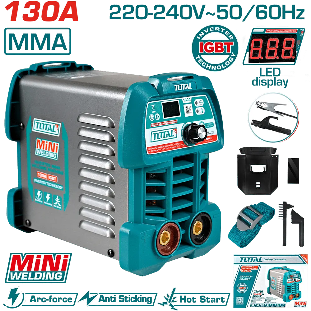 Soldadora inverter 130A 130A@30% IGBT - Hot Start - Arc Force - Anti Stick 73V TW213049-4 VSOI0130M  TOTAL