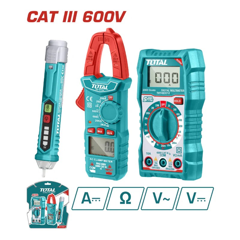 Multimetro Tester 1000V + Pinza Amperométrica DC/AC 1200A + Buscapolo detector de voltaje digital 12V-1000V TOS24069 XKT00MPAB TOTAL