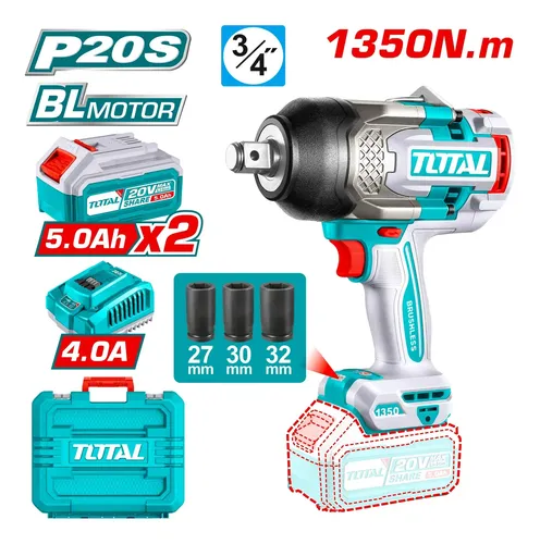 Llave impacto 3/4" 20V 1350nm + 2 bat 5.0A BRUSHLESS INDUSTRIAL TIWLI20135-4 V2VILI300 TOTAL