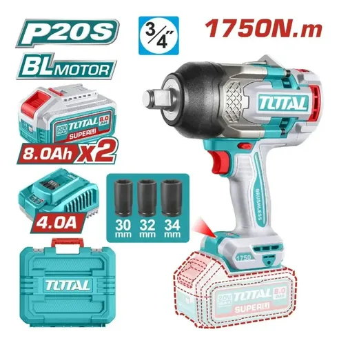 Llave impacto 3/4" 20V 1750nm + 2 bat 8.0A BRUSHLESS INDUSTRIAL TIWLI20175-4 V2VILI320 TOTAL