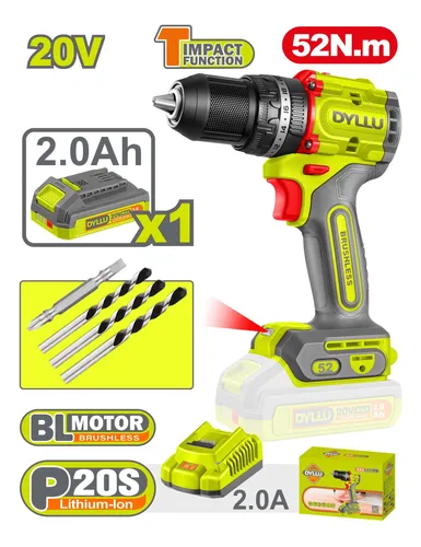 Taladro Percutor Inalambrico 13mm 2000rpm 20V 52nm (CARGADOR Y 1 BATERIA) BRUSHLESS DTCDP5282-4 DI20TP500 DYLLU