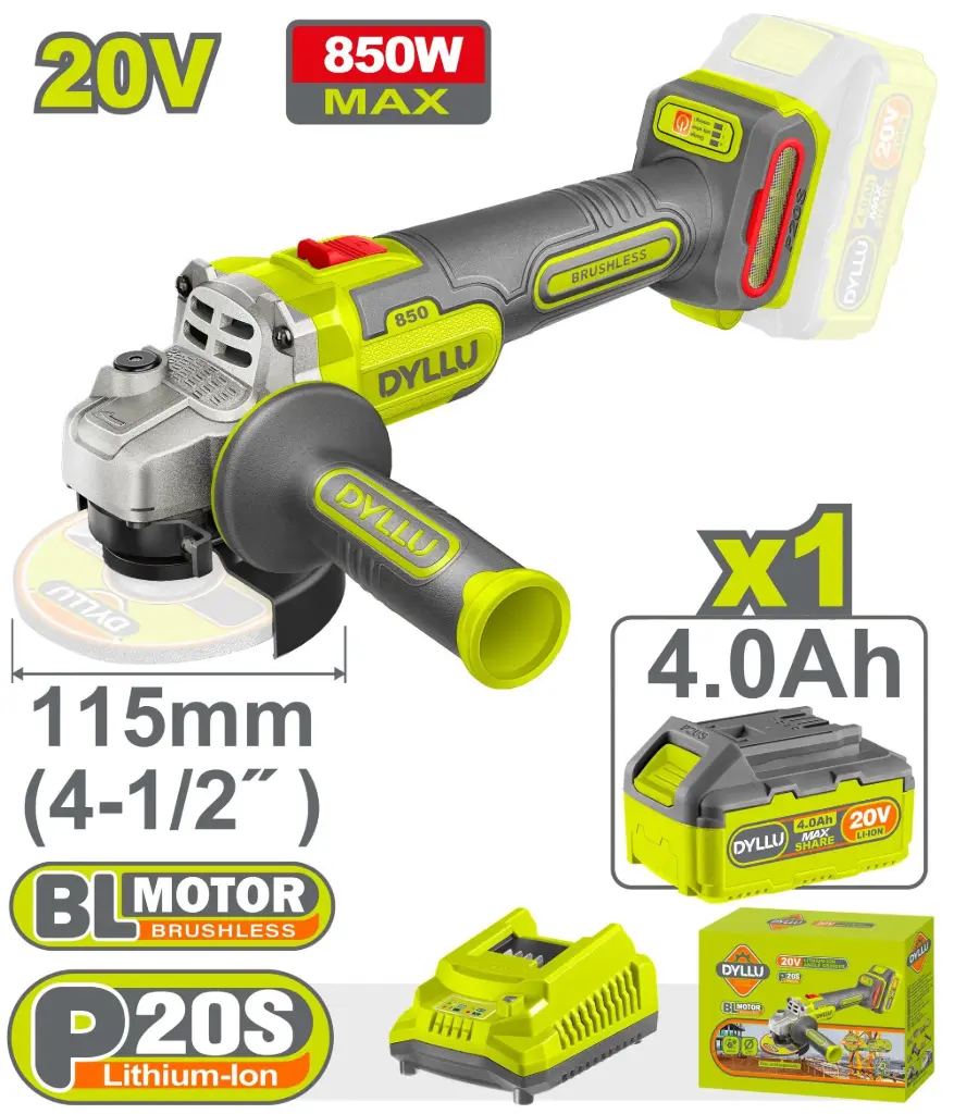 Amoladora angul a bateria D115 (4.1/2") 20V 850W BRUSHLESS + cargador 1 bat 4.0A  DTLAP5421-4 DI20AA110 DYLLU