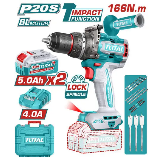 Taladro-ator Percutor 20V 13mm 166nm + 2 Baterías 5.0A + Maletín BRUSHLESS TIDLI201668-4 V2VITI350 TOTAL 