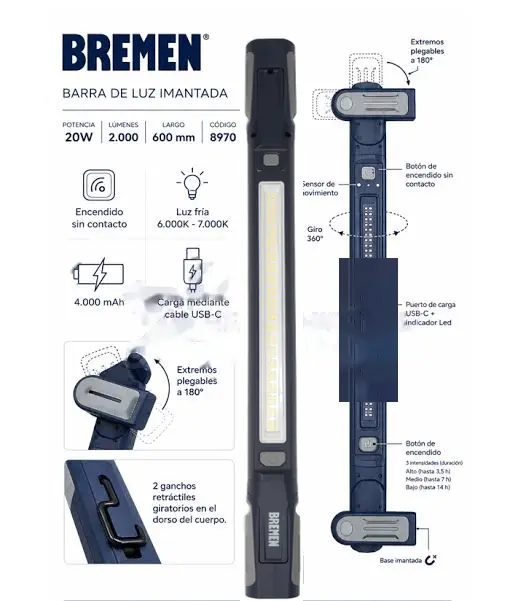 Linterna Barra de Luz Imantada 360° recargable USB 8970 BREMEN
