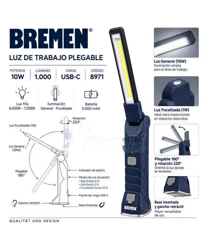 Linterna Luz Imantada rotativa recargable USB 8971 BREMEN