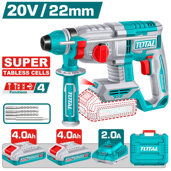 Rotomartillo a bater 20V  22mmD SDS PLUS + 2 Baterías 4.0A TABLESS CELLS + Cargador + Maletín BRUSHLESS TRHLI222085-4 V2VIMR222 TOTAL