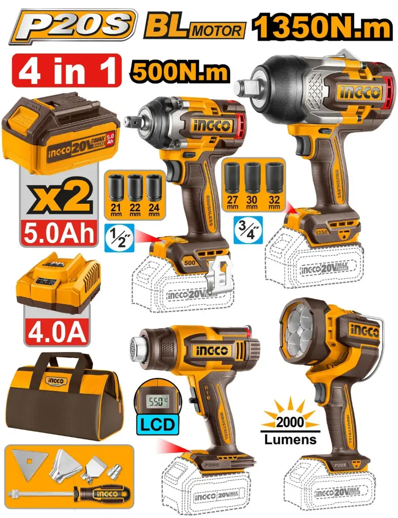 Llave impacto 3/4" 1350nm + Llave impacto 1/2" 500nm + Pistola calor LCD + Linterna 2000L+ 2 bat 5.0A cargador COSLI241293-4 INGCO