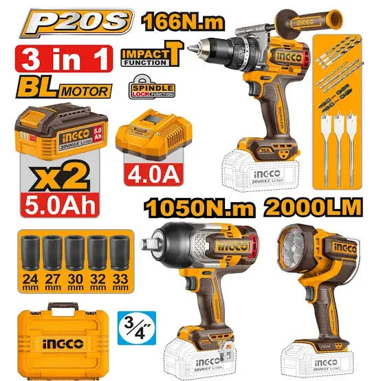 Taladro-ator percutor 20V 166nm + Llave de impacto 3/4" 1050nm + Linterna 2000 lumens + 2 baterías 5.0A cargador COSLI250882-4 INGCO