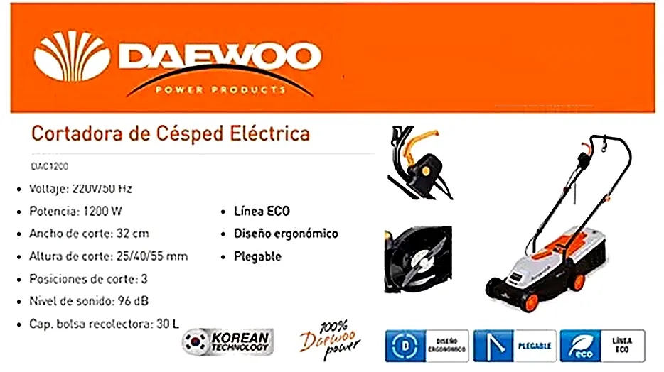 Cortadora de césped eléctrica 1200W 32cms DAC1200 DAEWOO