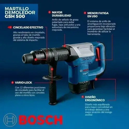 Martillo demoledor SDS MAX 1100W 2900ppm 7,5J GSH500 06113387H0 BOSCH
