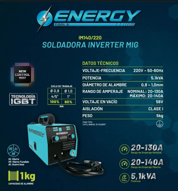 Soldadora Inverter MIG-FLUX 140A 220V 5100W IM140/220 ENERGY