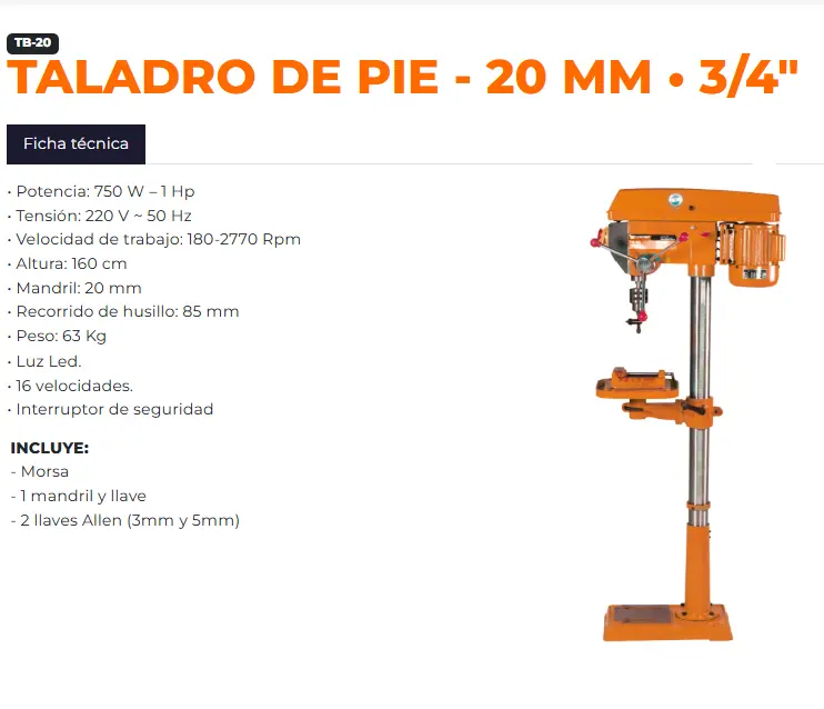 Taladro de pie  20mmD  750W (1HP) 16vel columna 220V 63kG TB-20 LUSQTOFF