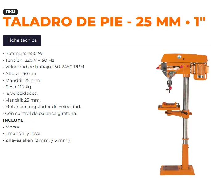Taladro de pie  25mmD  1550W (2.1HP) 16vel columna 220V 110kG TB-25 LUSQTOFF