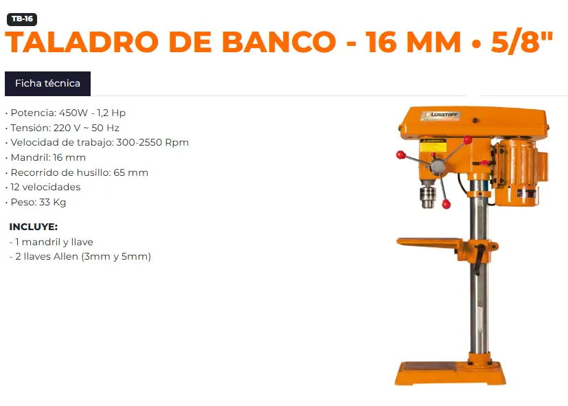Taladro de banco 16mmD  450W (0.6HP) 12vel 220V 33kG TB-16 LUSQTOFF