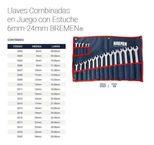 Juego llaves combinadas 19p M  6/24mm c-estuche 7177 BREMEN