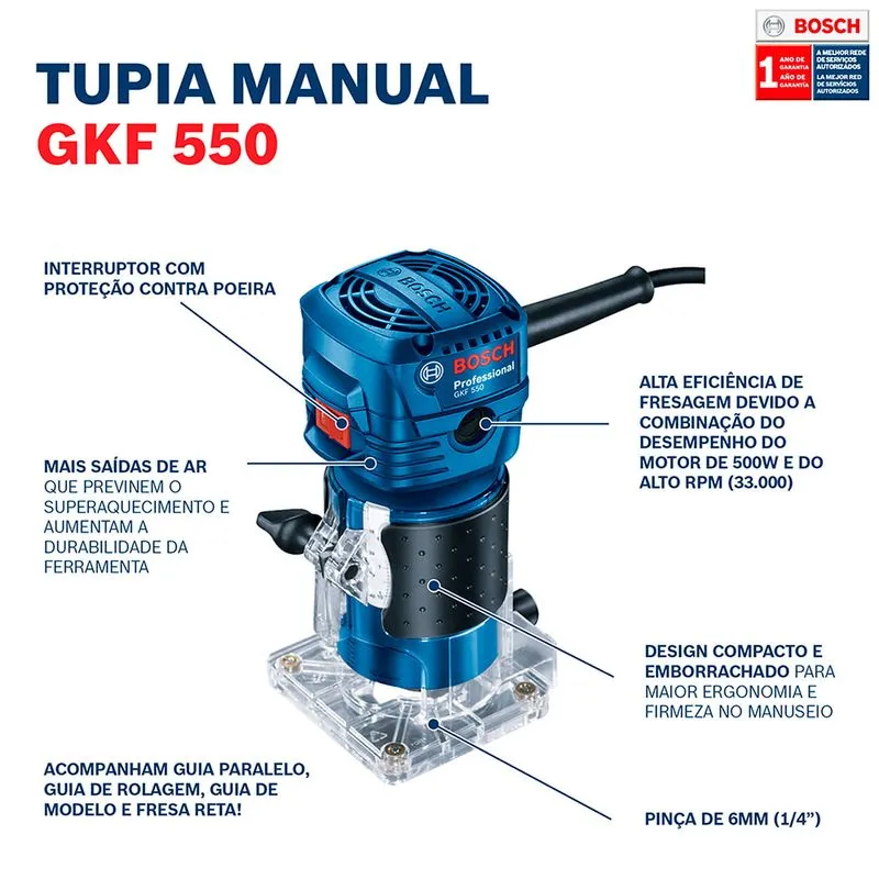 Fresadora  550W 33000rpm boq 6mm-1/4" GKF 550 06016A00H0 BOSCH