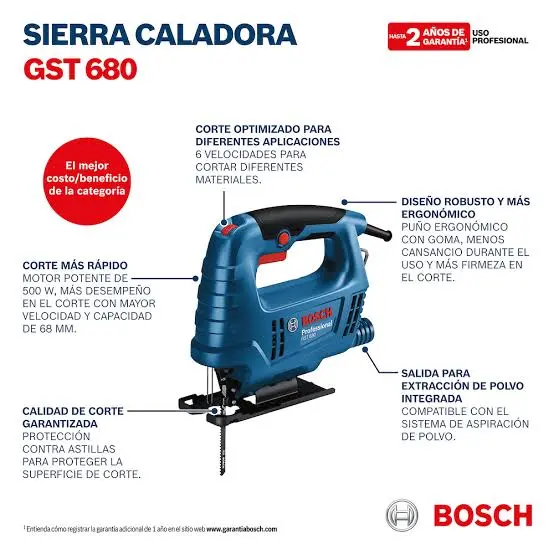 Sierra caladora 500W 3200cpm 220V GST 680 06015B40H0  BOSCH