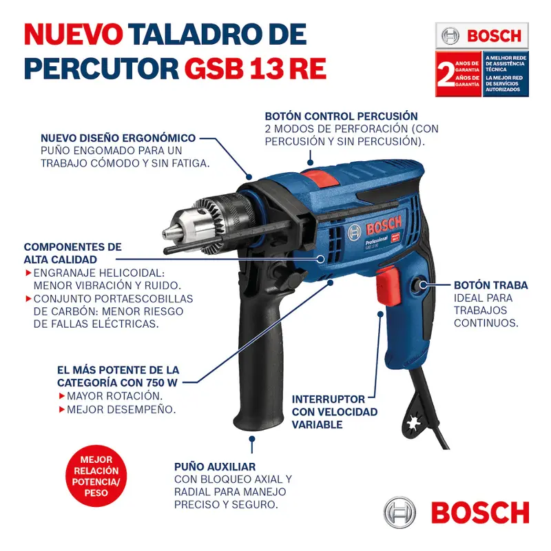 Taladro-percutor 13mmD  750W Heavy Duty GSB 13 RE 06012B80H0 BOSCH