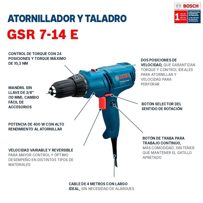 Taladro-atornillador 10mmD 400W Velocidad Variable GSR  7-14 E 06014470H0 BOSCH