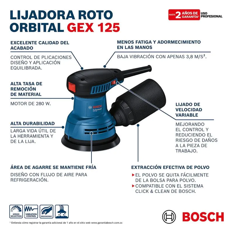 Lijadora roto-orbital 280W 125mm velocidad variable GEX 125 06013A80H0 BOSCH
