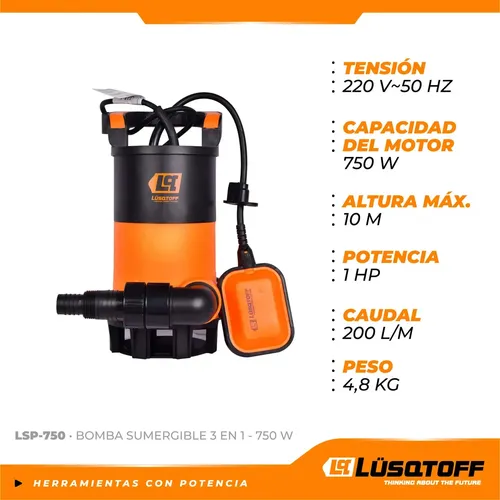 Bomba sumergible     750W  12500 L/h 1_1/2" 3 en 1 plastica agua sucia LSP-750 LUSQTOFF