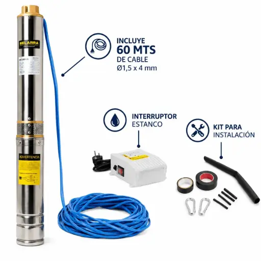 [4D5U] Bomba p-pozo inoxidable 750W 1HP cuerpo 4", salida 1.1/4", hasta 58mts con 60mts de cable 220V 2-4m3/h 602.BPP5800 BELARRA