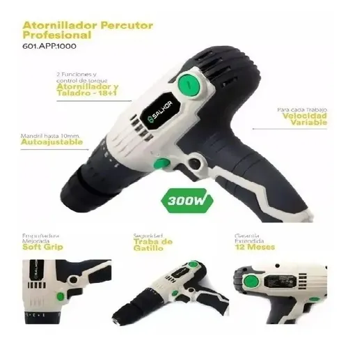[APP1000] Taladro-atornillador percutor 10mm 300W torque regulable 601.APP1000 SALKOR