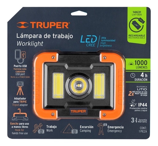 [14631] Lampara reflector LED 1000 LM batería USB 14631 TRUPER