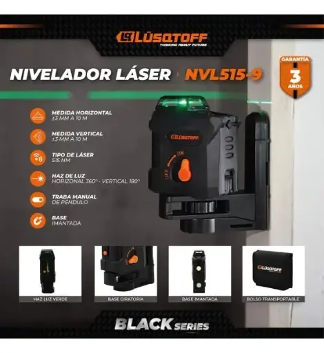 [NVL515-9] Nivel laser  10M 360° cruz líneas verdes c-bolso BLACK SERIES NVL515-9 LUSQTOFF