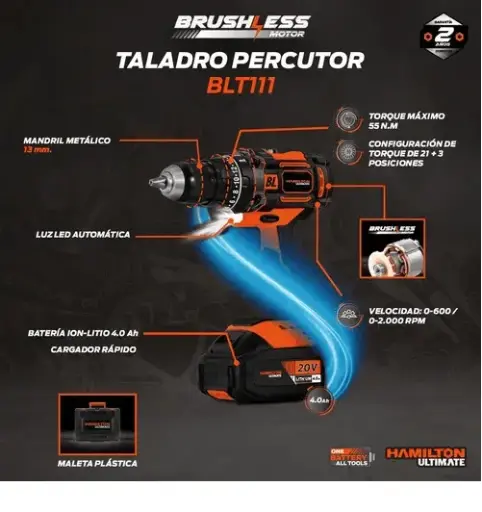 [BLT111] Taladro-percutor a bat  13mmD 55nm + maletín + 1 batería 4.0A BRUSHLESS 20V BLT111 HAMILTON