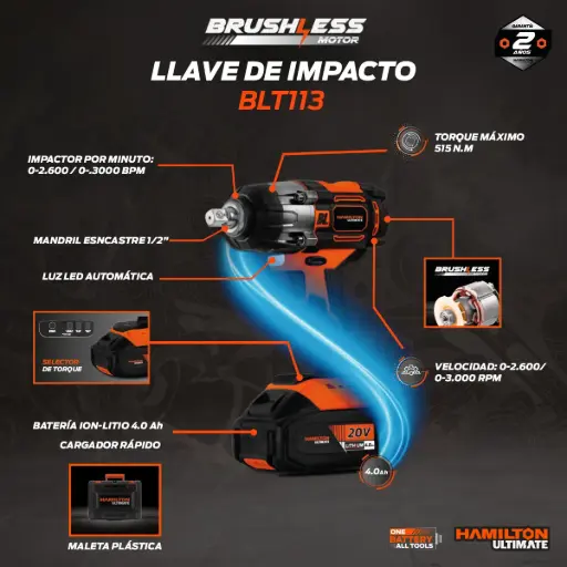 [BLT113] Llave de impacto enc 1/2'' 20V 515nm + maletín + 1 batería 4.0A BRUSHLESS BLT113 HAMILTON
