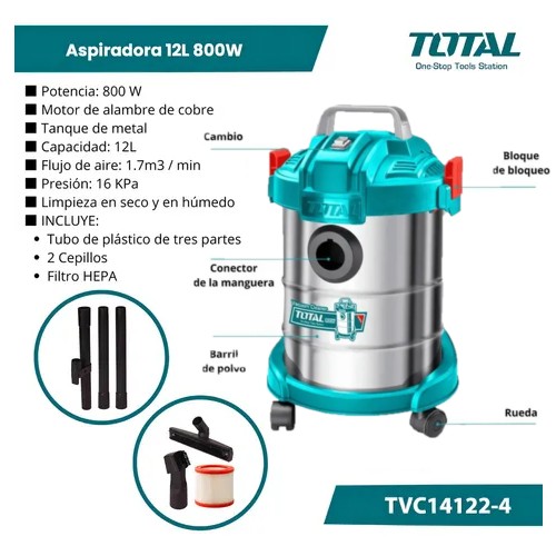 [V2V012800] Aspiradora industrial 12 Lts inoxidable 800W filtro HEPA TVC14122-4 V2V012800 TOTAL