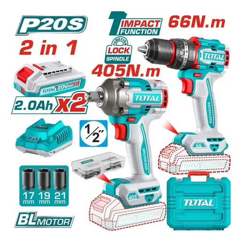 [VTAIKTPL1] Taladro-ator Percutor 20V 66nm + Llave de Impacto 1/2" 20V 405NM + maletín 2 baterías 2.0A cargador accesorios TCKLI20286-4 VTAIKTPL1 TOTAL