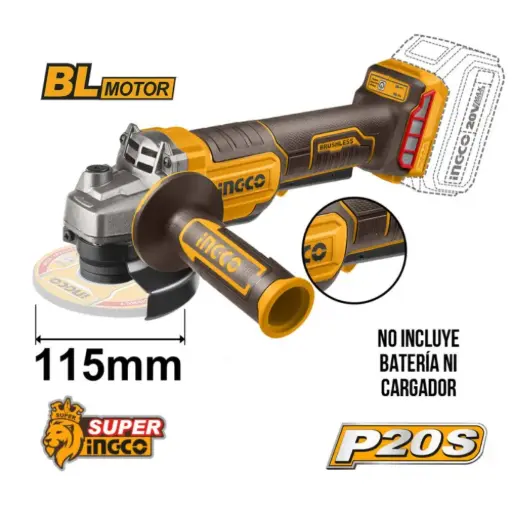 [CAGLI211156] Amoladora angular a bateria 115mm (4.1/2") 20V 1000W Gatillo Paleta SOLA BRUSHLESS CAGLI211156 INGCO