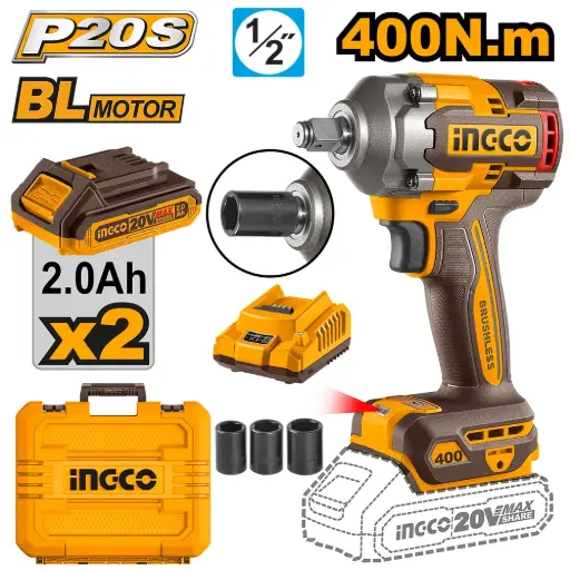 [CIWLI2040-4] Llave impacto 1/2" 20V 400Nm BRUSHLESS Maletín 2 baterías CIWLI2040-4 INGCO