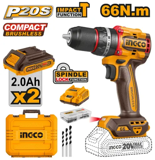[CIDLI20668-4] Taladro-ator Percutor 20V 13mm 66nm + 2 Baterías + Maletín BRUSHLESS CIDLI20668-4 INGCO