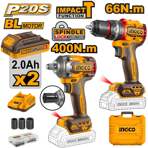[CKLI20275-4] Llave Impacto 1/2" 20V 400nm+ Taladro-ator Percutor 20V 66nm + 2 baterías 2.0A BRUSHLESS CKLI20275-4 INGCO