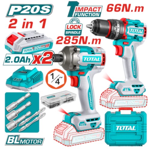 [VTAIKTPAI] Taladro-ator Percutor 20V 13mm 66nm + Atornillador impacto 285nm + 2 Baterías + Maletín acc BRUSHLESS TCKLI20277-4 VTAIKTPAI TOTAL