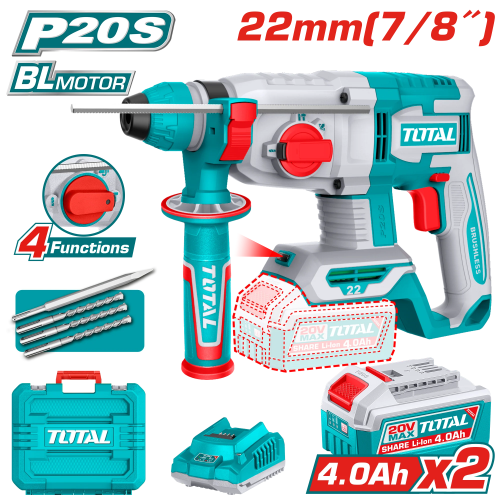 [TRHLI212282-4] Rotomartillo a bater 20V  22mmD SDS PLUS + 2 Baterías 4.0A + Cargador + Maletín BRUSHLESS V2VIMR221 TRHLI212282 TOTAL